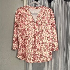 Women's Cream Blouse with Red Floral Print - Casual Henley